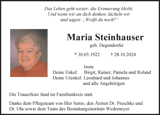 Traueranzeige von Maria Steinhauser von Illertisser Zeitung