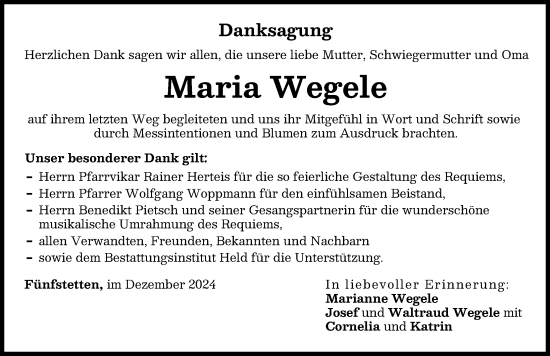 Traueranzeige von Maria Wegele von Donauwörther Zeitung