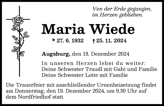 Traueranzeige von Maria Wiede von Augsburger Allgemeine