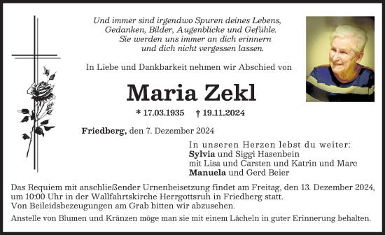Traueranzeige von Maria Zekl von Friedberger Allgemeine