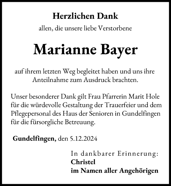 Traueranzeige von Marianne Bayer von Donau Zeitung