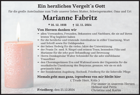 Traueranzeige von Marianne Fabritz von Augsburger Allgemeine