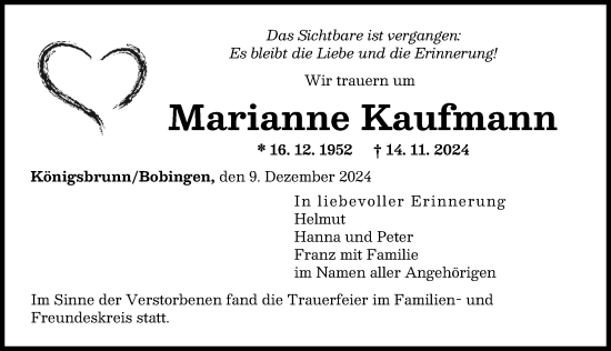 Traueranzeige von Marianne Kaufmann von Schwabmünchner Allgemeine