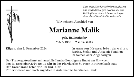 Traueranzeige von Marianne Malik von Wertinger Zeitung, Augsburg-Land