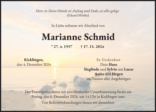 Traueranzeige von Marianne Schmid von Donau Zeitung
