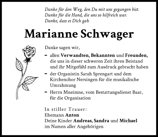 Traueranzeige von Marianne Schwager von Neu-Ulmer Zeitung