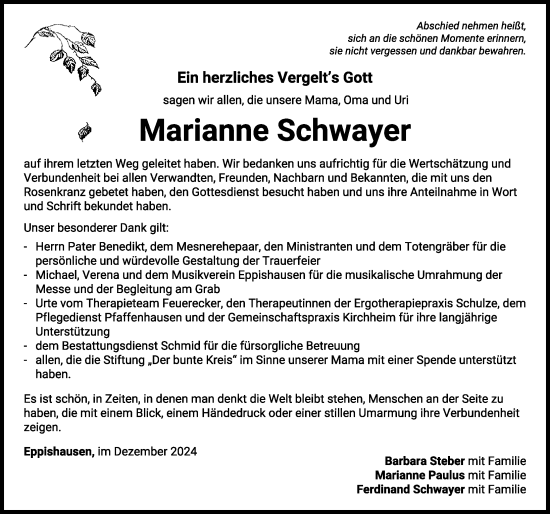 Traueranzeige von Marianne Schwayer von Mindelheimer Zeitung