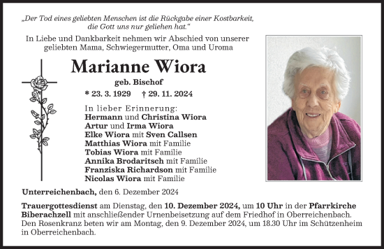 Traueranzeige von Marianne Wiora von Neu-Ulmer Zeitung