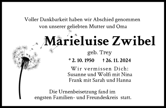 Traueranzeige von Marieluise Zwibel von Günzburger Zeitung