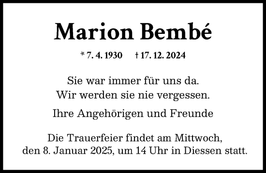 Traueranzeige von Marion Bembé von Ammersee Kurier