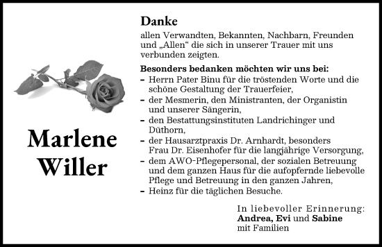Traueranzeige von Marlene Willer von Donau Zeitung