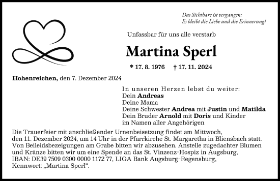 Traueranzeige von Martina Sperl von Wertinger Zeitung
