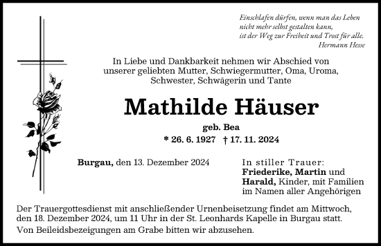 Traueranzeige von Mathilde Häuser von Günzburger Zeitung