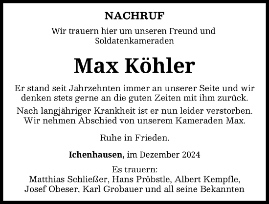 Traueranzeige von Max Köhler von Günzburger Zeitung