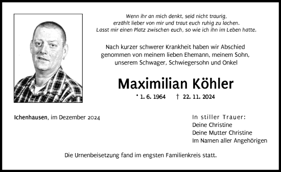 Traueranzeige von Maximilian Köhler von Günzburger Zeitung
