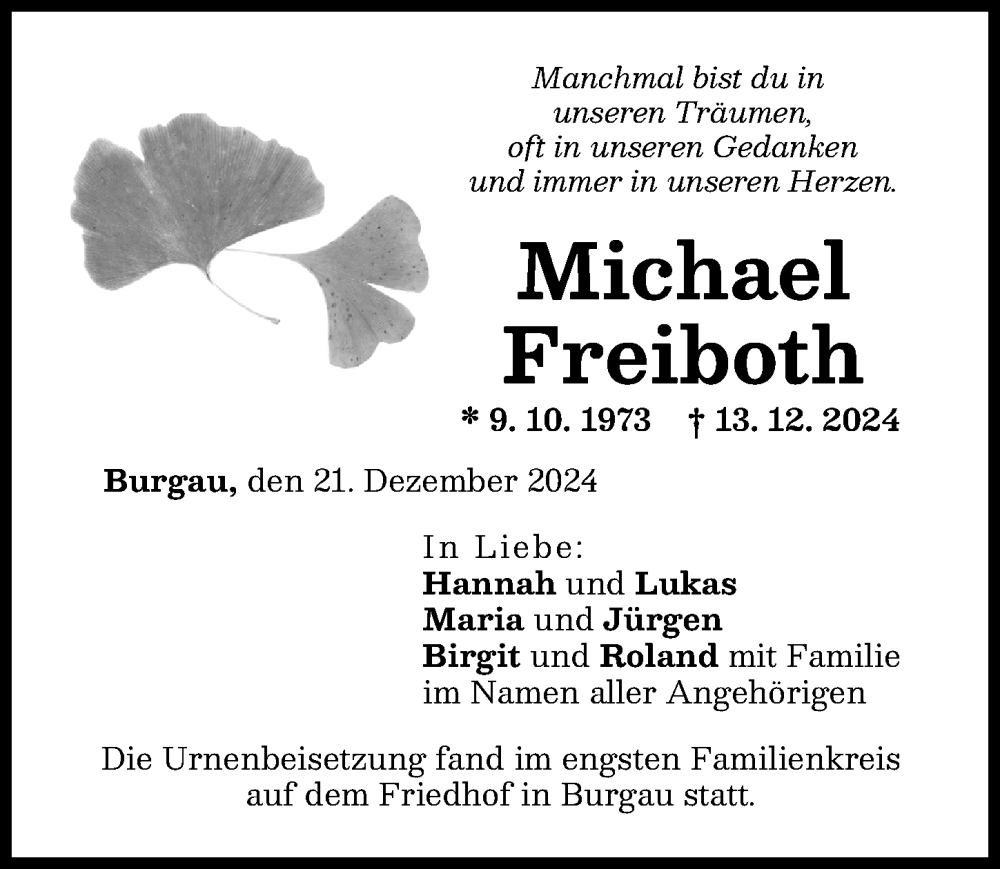  Traueranzeige für Michael Freiboth vom 21.12.2024 aus Günzburger Zeitung
