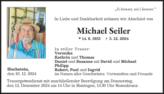 Traueranzeige von Michael Seiler von Donau Zeitung