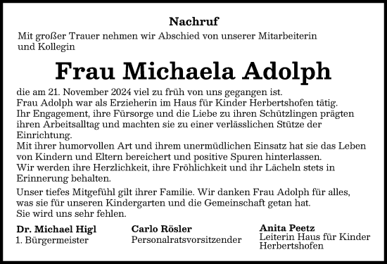 Traueranzeige von Michaela Adolph von Augsburg-Land