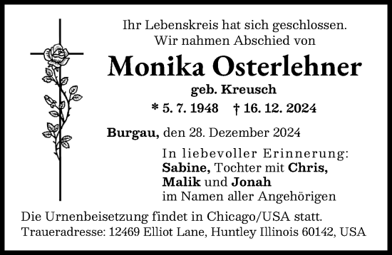 Traueranzeige von Monika Osterlehner von Günzburger Zeitung