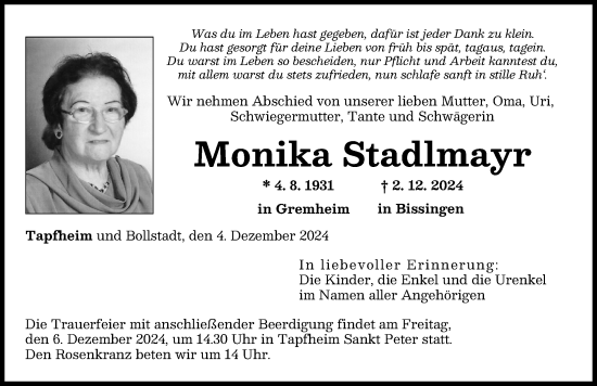 Traueranzeige von Monika Stadlmayr von Donauwörther Zeitung