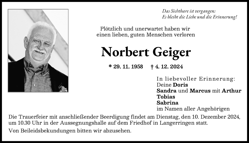  Traueranzeige für Norbert Geiger vom 07.12.2024 aus Schwabmünchner Allgemeine