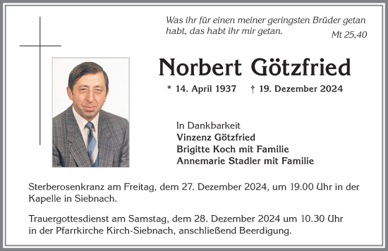 Traueranzeige von Norbert Götzfried von Mindelheimer Zeitung