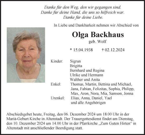 Traueranzeige von Olga Backhaus von Illertisser Zeitung