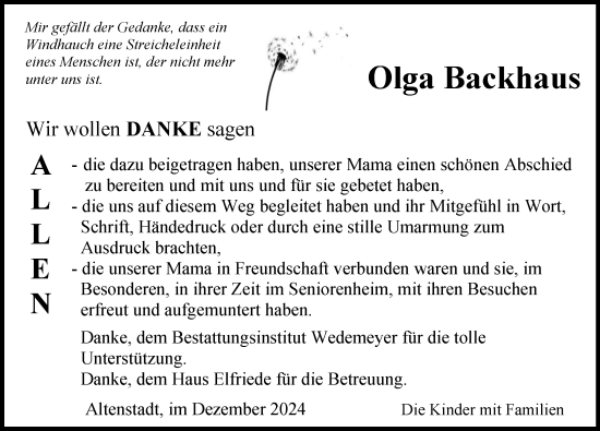 Traueranzeige von Olga Backhaus von Illertisser Zeitung
