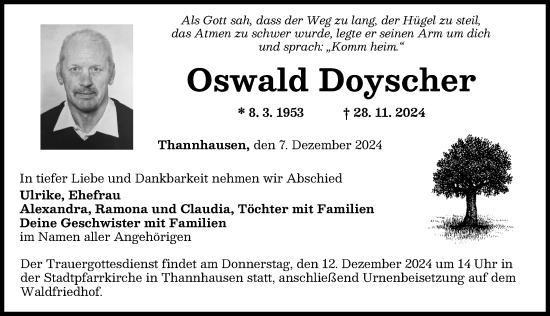 Traueranzeige von Oswald Doyscher von Mittelschwäbische Nachrichten