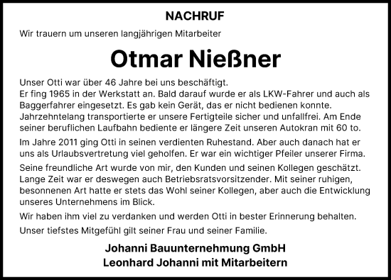 Traueranzeige von Otmar Nießner von Mittelschwäbische Nachrichten