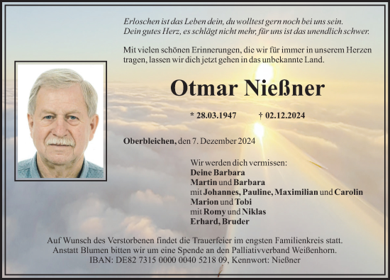 Traueranzeige von Otmar Nießner von Mittelschwäbische Nachrichten