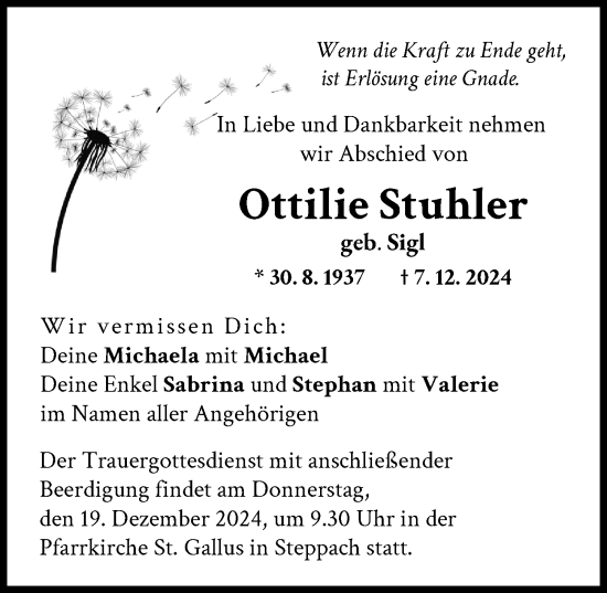 Traueranzeige von Ottilie Stuhler von Augsburger Allgemeine