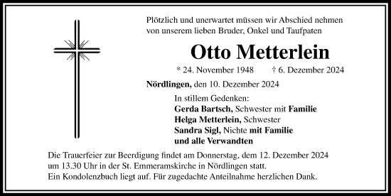 Traueranzeige von Otto Metterlein von Rieser Nachrichten