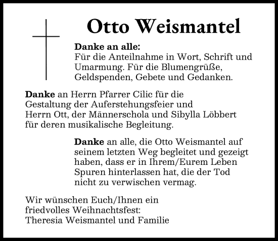 Traueranzeige von Otto Weismantel von Augsburger Allgemeine