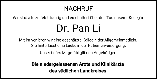 Traueranzeige von Pan Li von Mittelschwäbische Nachrichten