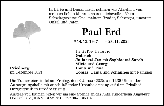 Traueranzeige von Paul Erd von Friedberger Allgemeine