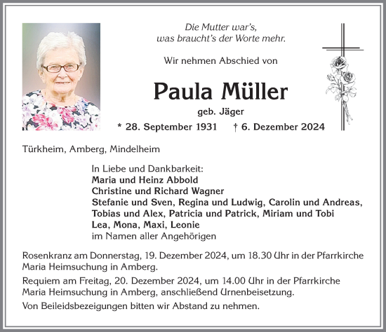 Traueranzeige von Paula Müller von Mindelheimer Zeitung