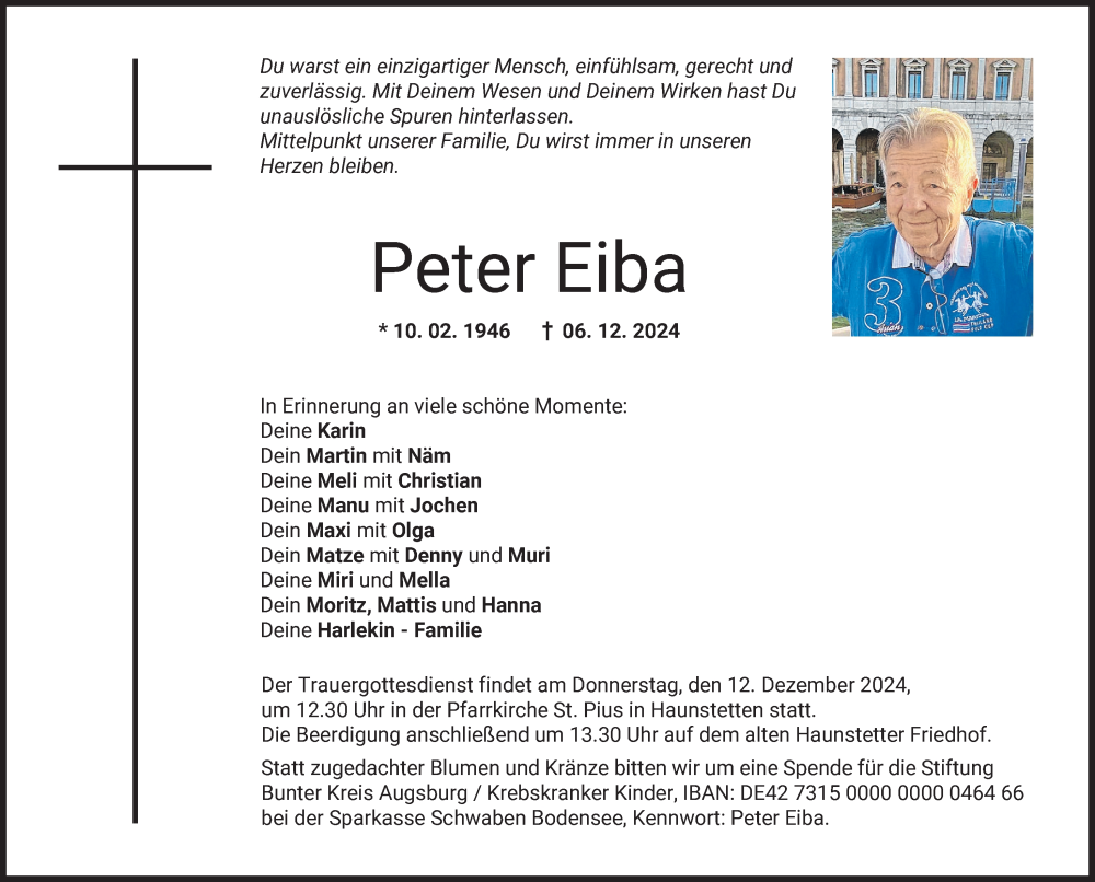  Traueranzeige für Peter Eiba vom 10.12.2024 aus Augsburger Allgemeine