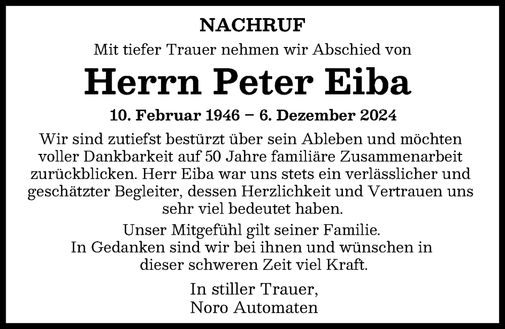  Traueranzeige für Peter Eiba vom 11.12.2024 aus Augsburger Allgemeine