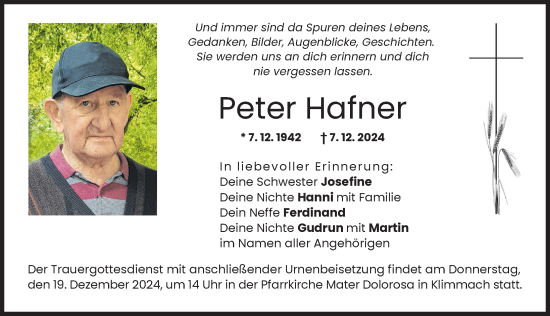 Traueranzeige von Peter Hafner von Schwabmünchner Allgemeine