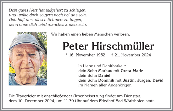 Traueranzeige von Peter Hirschmüller von Mindelheimer Zeitung