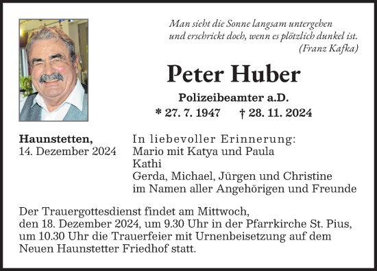 Traueranzeige von Peter Huber von Augsburger Allgemeine