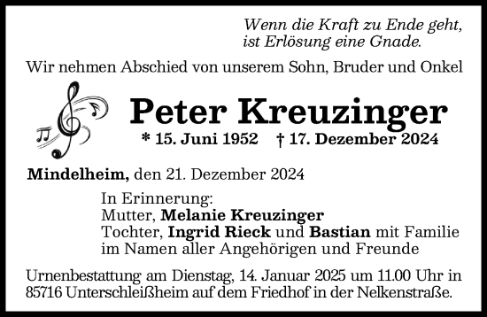 Traueranzeige von Peter Kreuzinger von Mindelheimer Zeitung