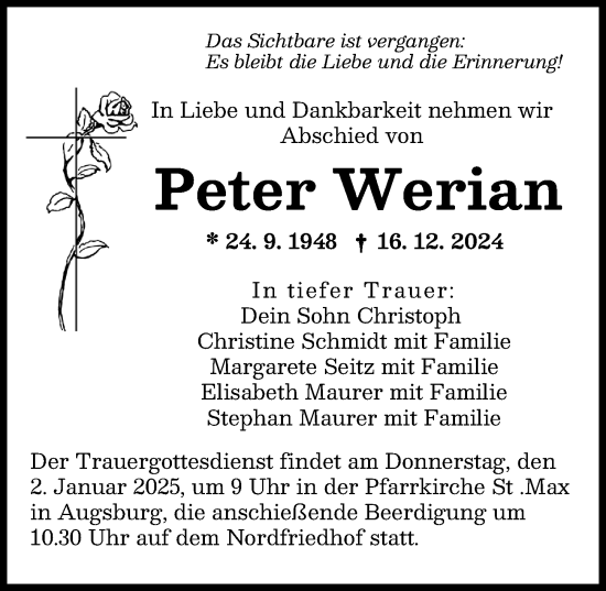 Traueranzeige von Peter Werian von Augsburger Allgemeine
