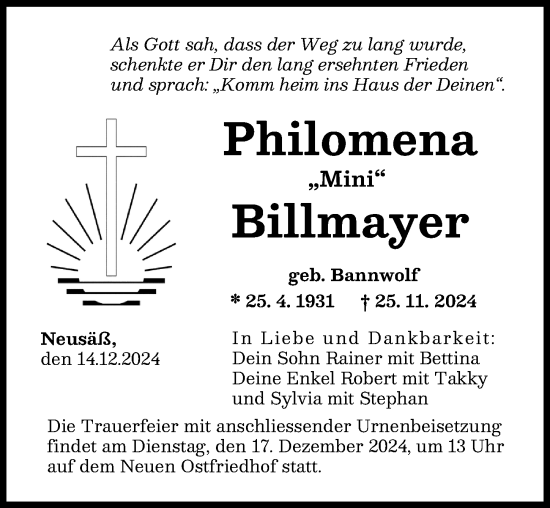 Traueranzeige von Philomena Billmayer von Augsburger Allgemeine