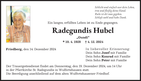 Traueranzeige von Radegundis Hubel von Friedberger Allgemeine