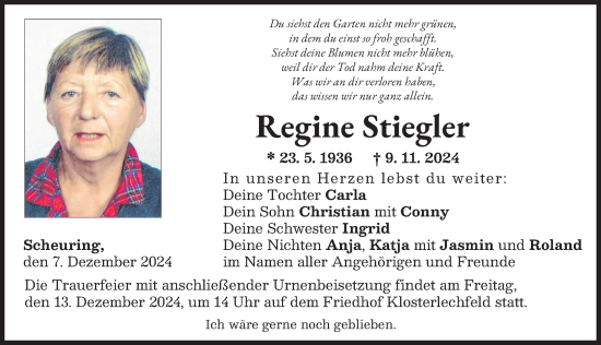 Traueranzeige von Regine Stiegler von Schwabmünchner Allgemeine