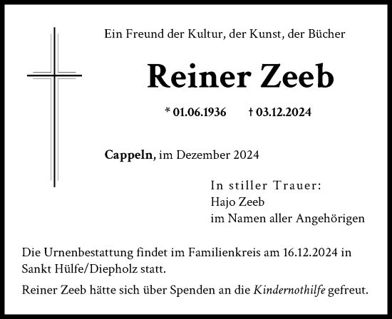 Traueranzeige von Reiner Zeeb von Augsburger Allgemeine