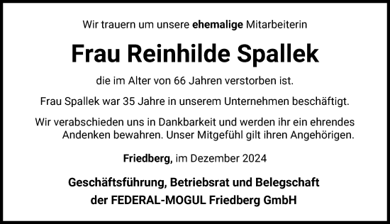 Traueranzeige von Reinhilde  Spallek von Friedberger Allgemeine