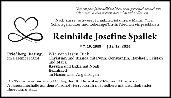 Traueranzeige von Reinhilde  Spallek von Friedberger Allgemeine